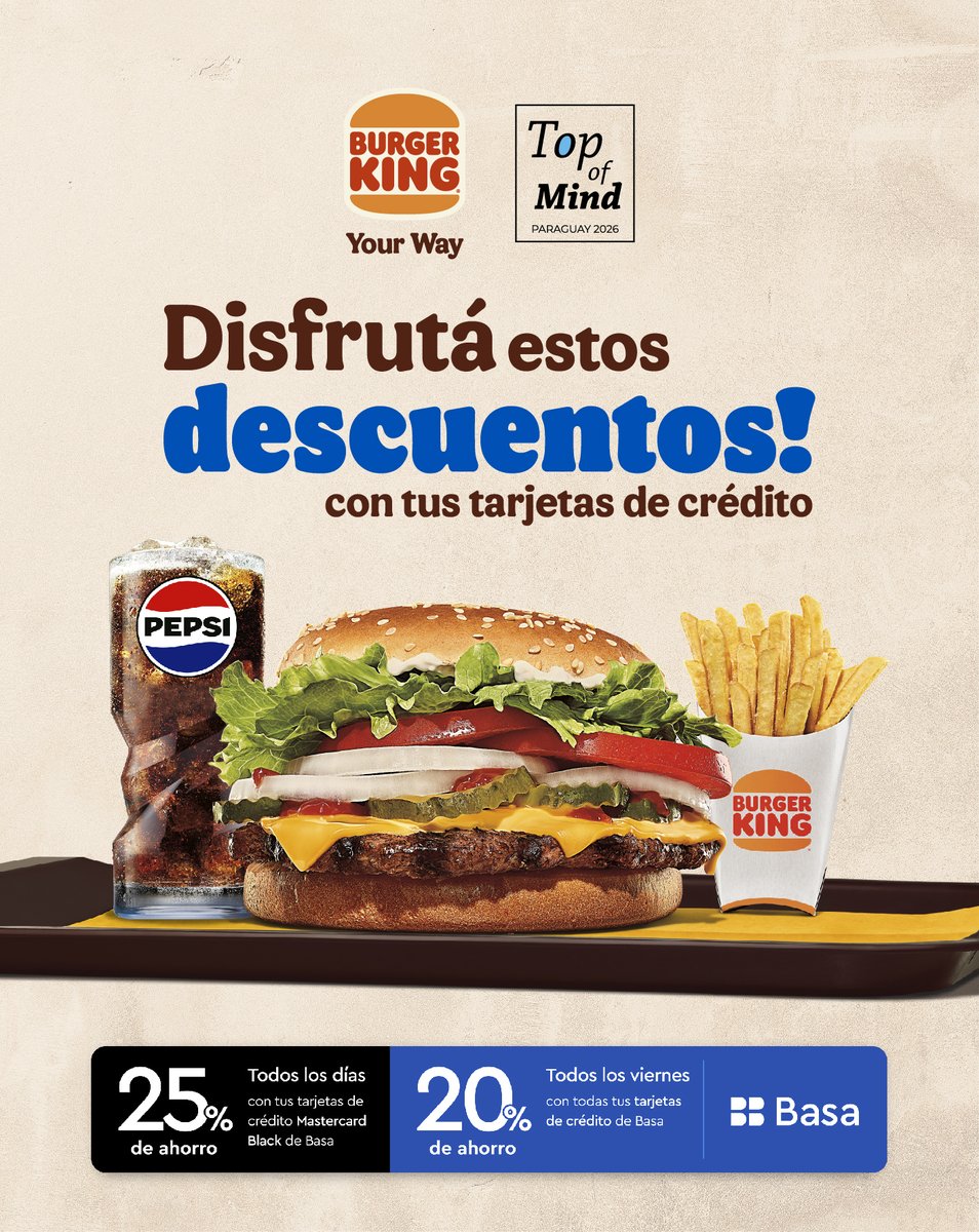 elreydebk's tweet image. ¡Disfrutá tus combos favoritos con descuentos! 😉👑

👉🏼 Todos los viernes, pagando con todas tus tarjetas de crédito. 
👉🏼 Todos los días, pagando con tus tarjetas de crédito Mastercard Black.

¡No te lo pierdas! 

Elegí Burger King, #YourWay 👑