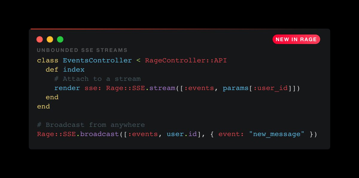codewithrage's tweet photo. Unbounded SSE streams are now live in Rage!

• Attach connections to named streams
• Broadcast from anywhere (including background tasks)
• Multi-server sync out of the box via Redis Streams https://t.co/X8Ob5uMnrN