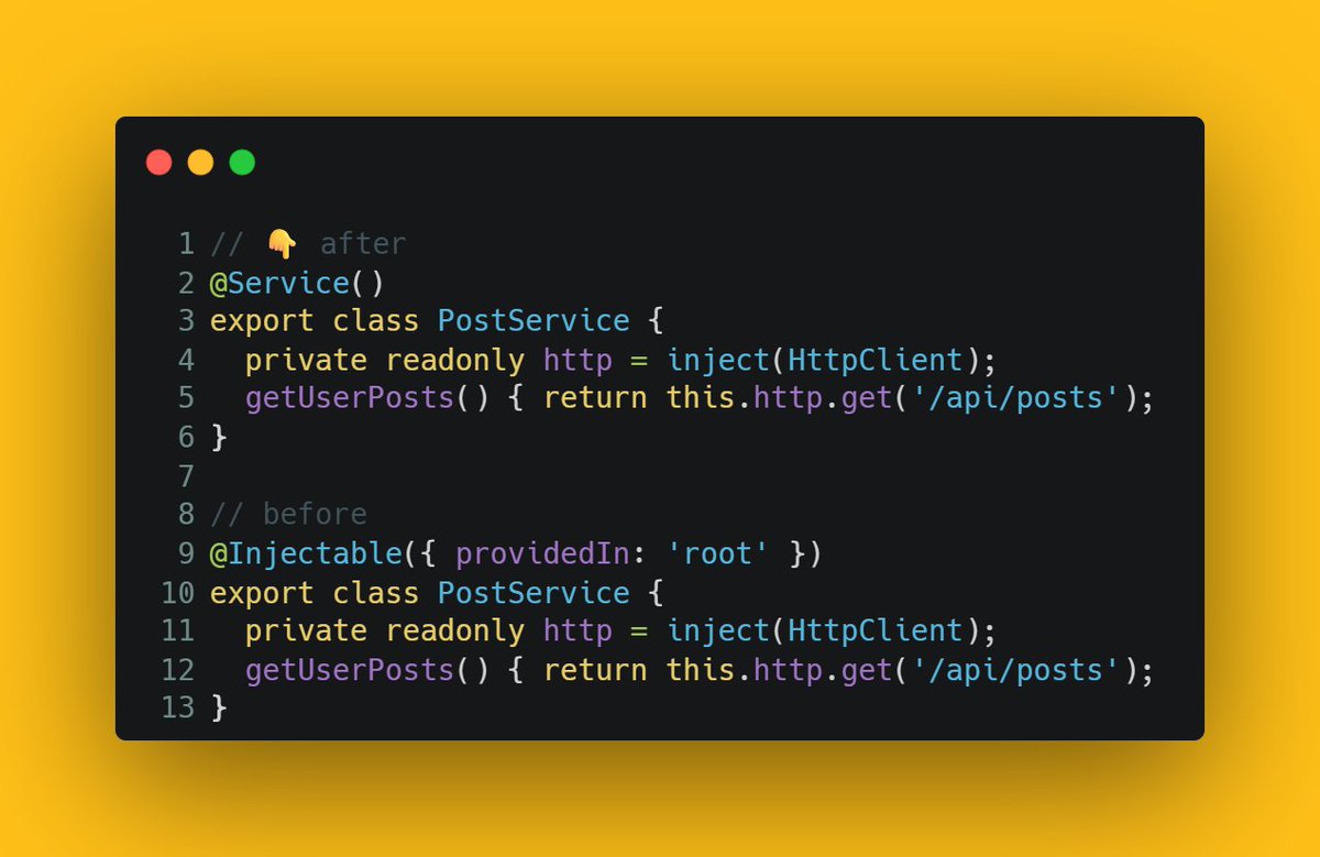 GergelySzerovay's tweet photo. A new @Service decorator just landed as a PR in the Angular repo: a leaner alternative to @Injectable, possibly shipping in Angular 22.

Defaults:

- providedIn: 'root'
- inject() only, no constructor injection
- No useClass/useValue/useExisting , just an optional factory https://t.co/MgmQ63IrId