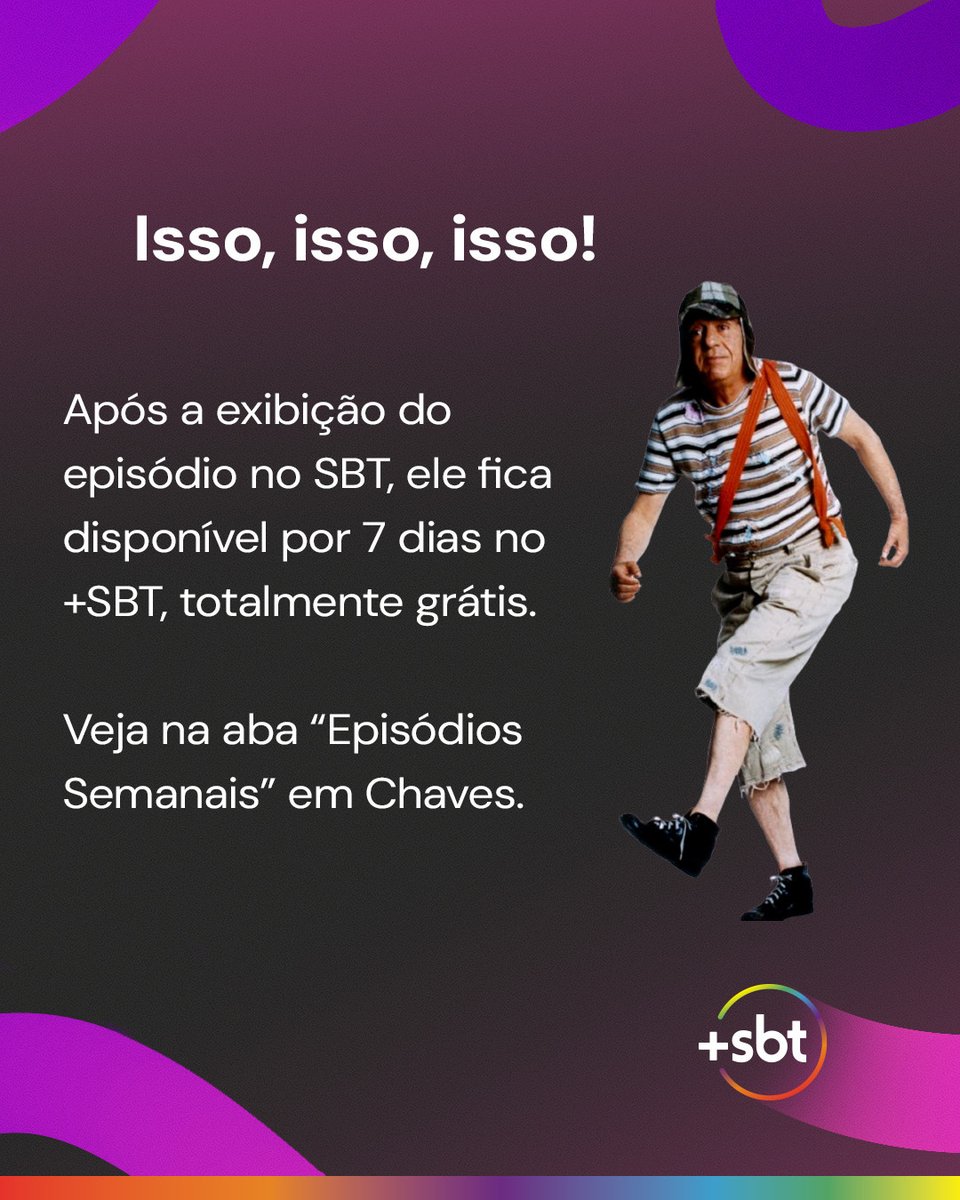 maissbtoficial's tweet image. Melhor que isso, só sanduíche de presunto! 🤣
Nossos episódios semanais estão de volta no +SBT, pra você assistir por 7 dias, totalmente grátis! 😍

Fora, é claro, os 10 episódios clássicos fixos do catálogo. Venha correndo, zás, zás!

#MaisSBT #SBT #Chaves