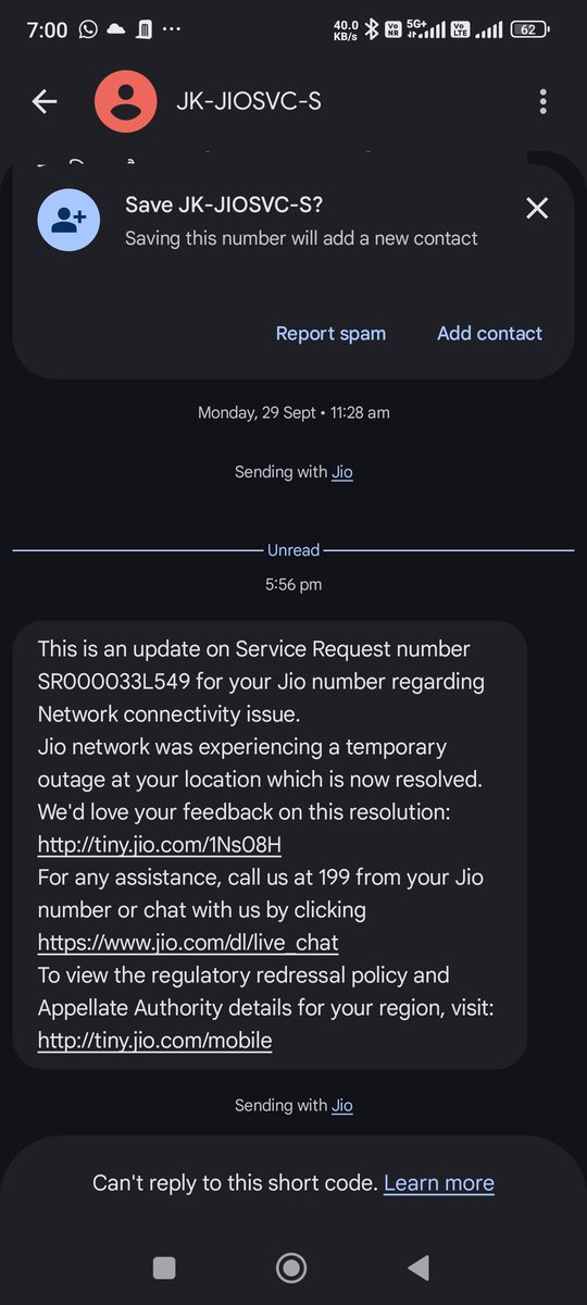 Your agent is continuously closing the complaint without evan reading. This is the seventh time when your agent closed it without doing anything. You need to ask the customer once before closing.  <a href="/TRAI/">TRAI</a>
<a href="/JioCare/">JioCare</a> <a href="/reliancejio/">Reliance Jio</a> <a href="/_MukeshAmbani/">Mukesh Ambani</a> <a href="/RIL_Updates/">Reliance Industries Limited</a> 

Please look in d matter.