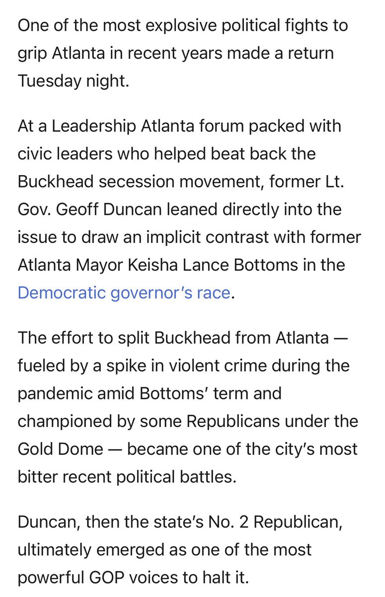 bluestein's tweet image. Also in the newsletter: One of Atlanta’s nastiest political fights is back in the governor’s race. At a Leadership Atlanta forum Tuesday, Geoff Duncan resurrected the Buckhead secession battle — implicitly putting Keisha Lance Bottoms’ record as mayor under the spotlight. #gapol