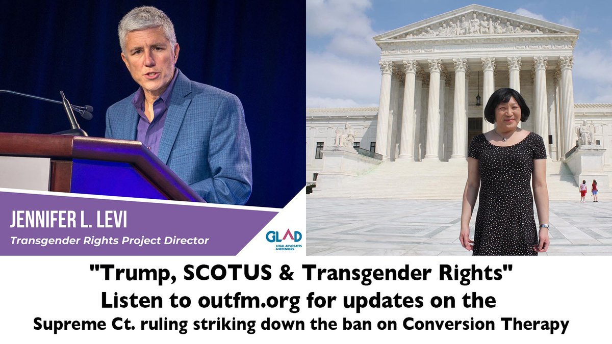 outfm's tweet photo. Listen to Out-FM for, "Trump, SCOTUS &amp; Transgender Rights"@PaulinePark  spoke with @GLADLAW
 Trans Rights Dir. Jennifer Levi on the Supreme Ct striking down Colorado's ban on conversion therapy &amp; upholding Tenn. ban on gender-affirming care &amp; more. https://t.co/89an3Acjpa https://t.co/J20n3LSGKO