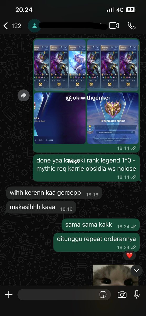 #testigenkeii
868. jokgen epic 2*5 - legend 4*4 req mid
869. mythic *19 - honor *25 req zetian zhuxin
870. mythic *6 - mythic *11 req angela
871. legend 1*0 - mythic req karrie obsidia

t. joki ml, jokgen rank