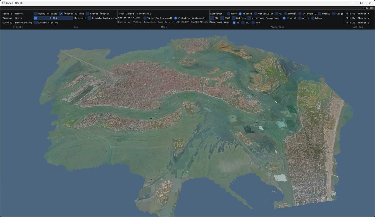 m_schuetz's tweet image. Cuda software rasterization project: Venice, 400M triangles rendered with JPEG-compressed textures (decoded on-the-fly), at 90fps. Data set courtesy of Iconem and the Fondazione Musei Civici di Venezia.