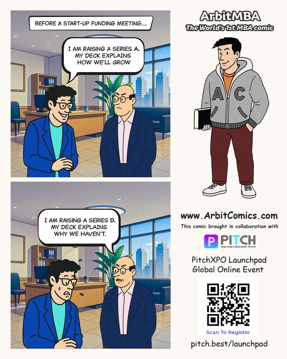 ArbitMBA's tweet image. Startup life is basically… one long pitch deck plot twist. 😂💼💸

This comic is in collaboration with PitchXPO Launchpad (20th to 30th April - online). 
Register at: pitch.best/launchpad

#ArbitMBA #StartupLife #FounderHumor #VCFunding #MBAComics #OfficeHumor #startupreality