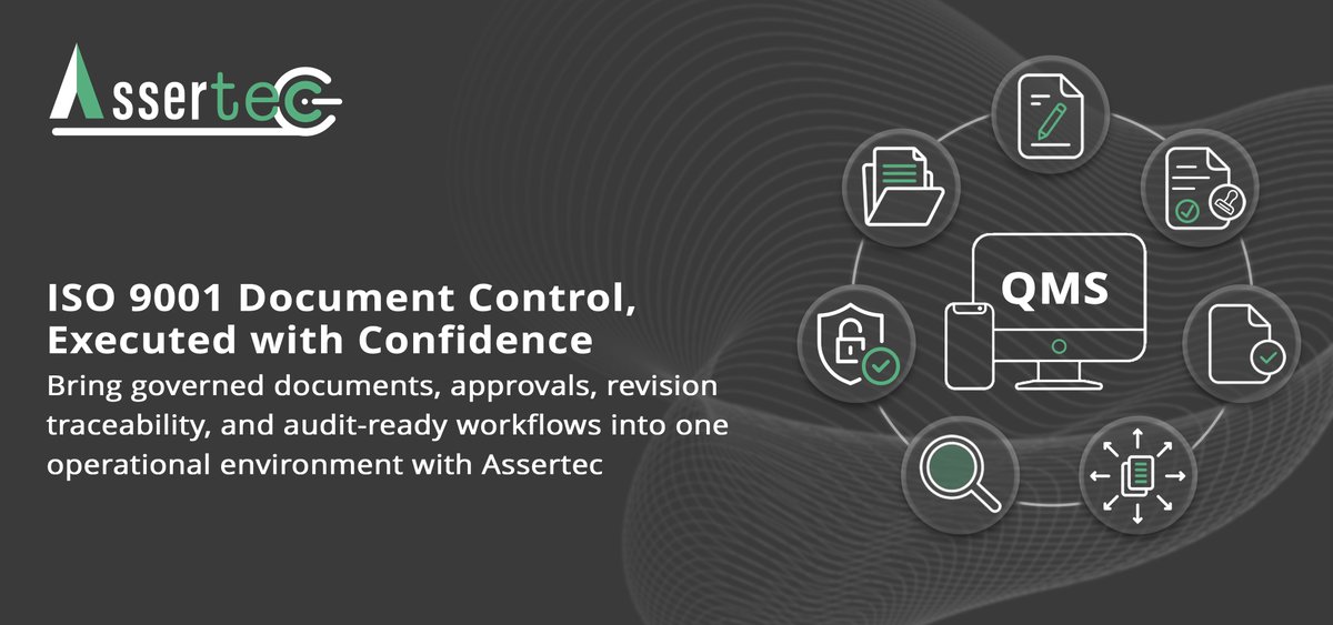 Assertant's tweet photo. 📄ISO 9001 document control breaks down when approvals, revisions, and audit trails live across folders, email, and disconnected systems. 
✅Assertec brings governed documents, workflow-driven approvals, traceability, and audit-ready QMS execution into one operational environment https://t.co/gIwkt6oc6y