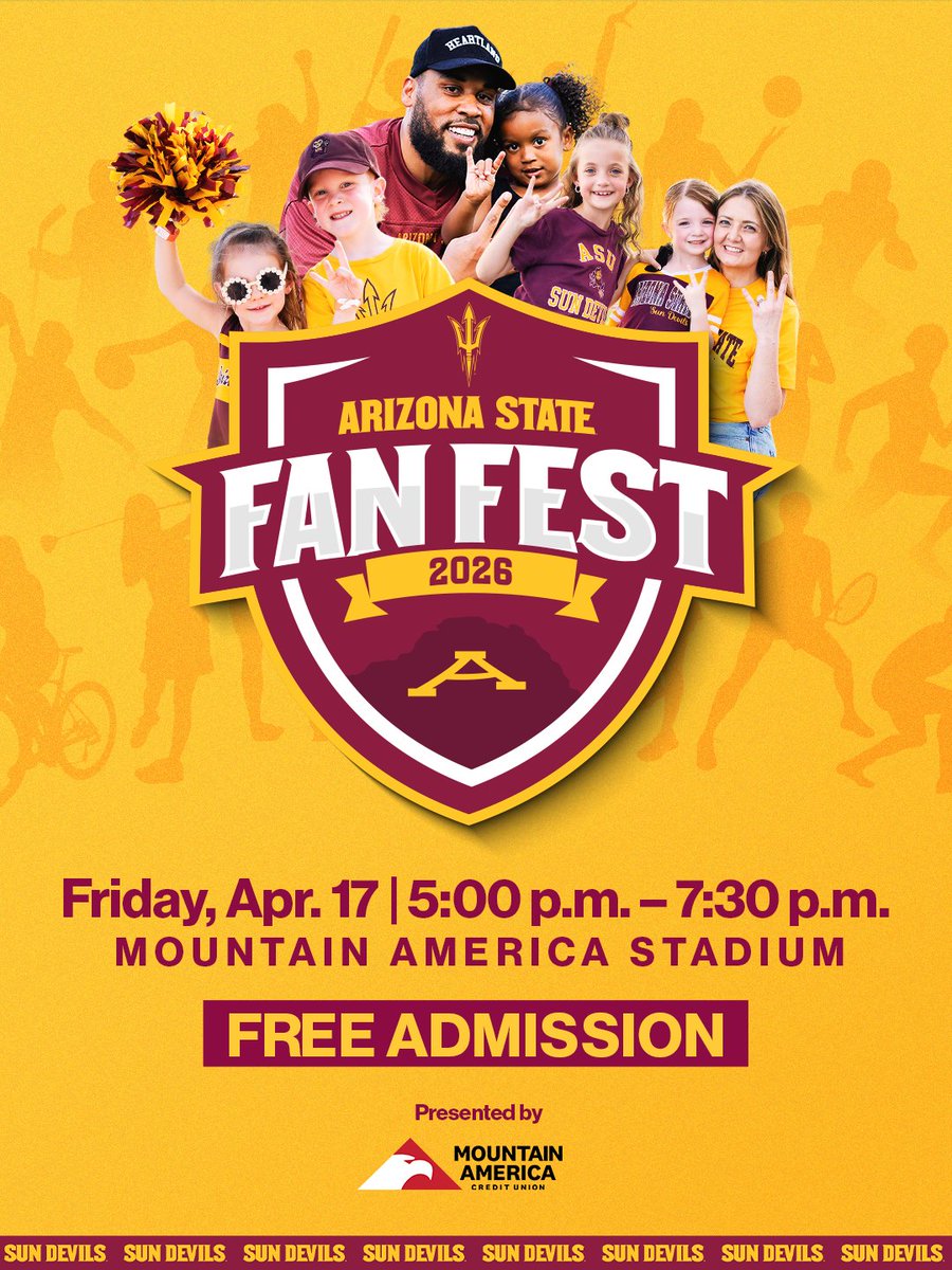 TheSunDevils's tweet photo. Join us THIS Friday from 5-7:30 p.m. for the 2026 Arizona State Fan Fest at Mountain America Stadium!

The free family-friendly entertainment event will be sure to create lifetime memories with the Kid’s Tillman Run Out, skills challenges, a fireworks show and more!
📰 https://t.co/VoxGawpg9f