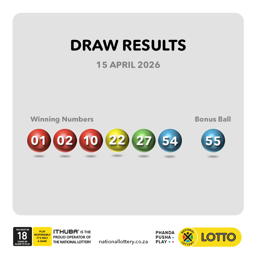 sa_lottery's tweet image. #DrawResults for 15/04/26 are:
 
#LOTTO: 01, 02, 10, 22, 27, 54
#B: 55
#LOTTOPLUS1: 03, 04, 06, 09, 12, 37
#B: 21
#LOTTOPLUS2: 06, 14, 17, 27, 42, 55
#B: 34

Players must be 18 years or older, play responsibly. ITHUBA is the proud operator of the National Lottery.