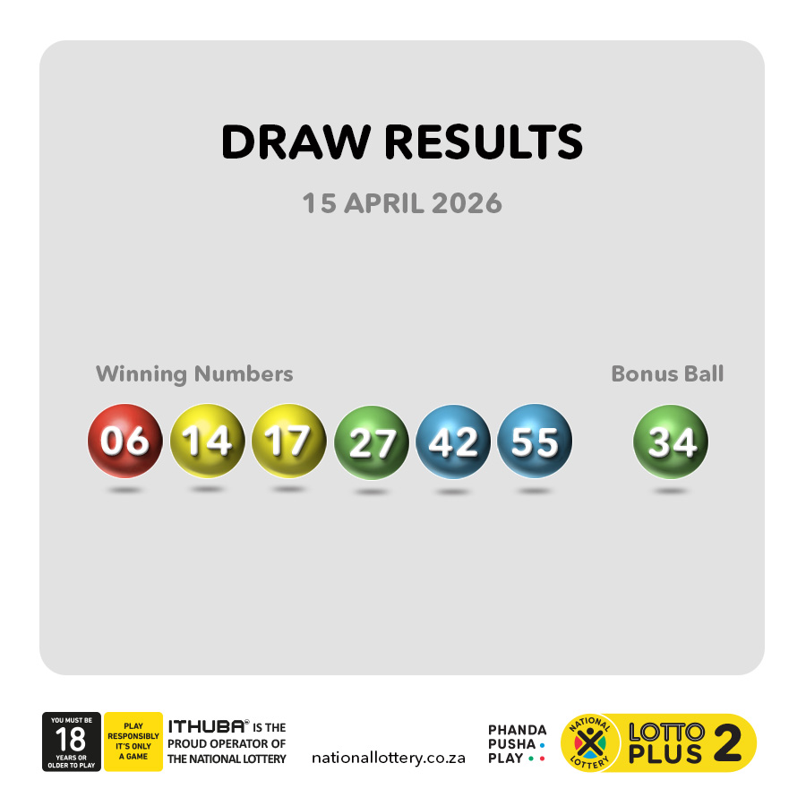 sa_lottery's tweet image. #DrawResults for 15/04/26 are:
 
#LOTTO: 01, 02, 10, 22, 27, 54
#B: 55
#LOTTOPLUS1: 03, 04, 06, 09, 12, 37
#B: 21
#LOTTOPLUS2: 06, 14, 17, 27, 42, 55
#B: 34

Players must be 18 years or older, play responsibly. ITHUBA is the proud operator of the National Lottery.