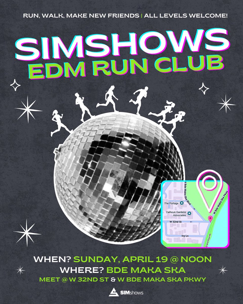 🏃 Get ready for the first SIMshows EDM Run Club this Sunday, April 19th! 

📍 We’ll meet at Bde Maka Ska at noon to start with a 5-10 minute stretch, followed by a 3 mile run or walk, whatever feels right for you! All paces are welcome!