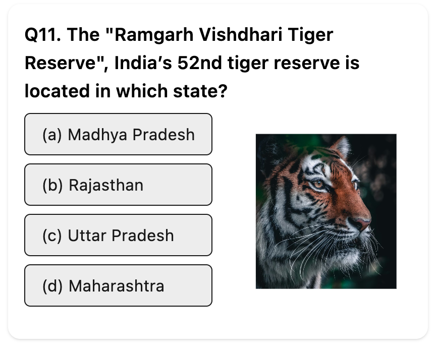 wingzpire_main's tweet image. Do you know the correct answer related to "Tiger Reserves"?

Difficulty: MEDIUM

Q. The "Ramgarh Vishdhari Tiger Reserve", India’s 52nd tiger reserve is located in which state?

#UPSC #Tiger