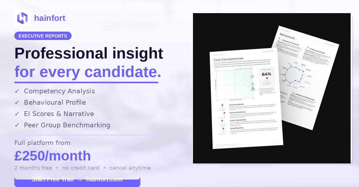 hainfortassoc's tweet image. Hainfort’s #Talent Assessments, subscriptions start from £250 / month with access to our full online Talent #assessment platform. Get started here: Hainfort.com

TALENT SUBSCRIPTION
- #Emotional Intelligence &amp;amp; #Behavioural Assessment
- #Numerical &amp;amp; #Verbal Competencies