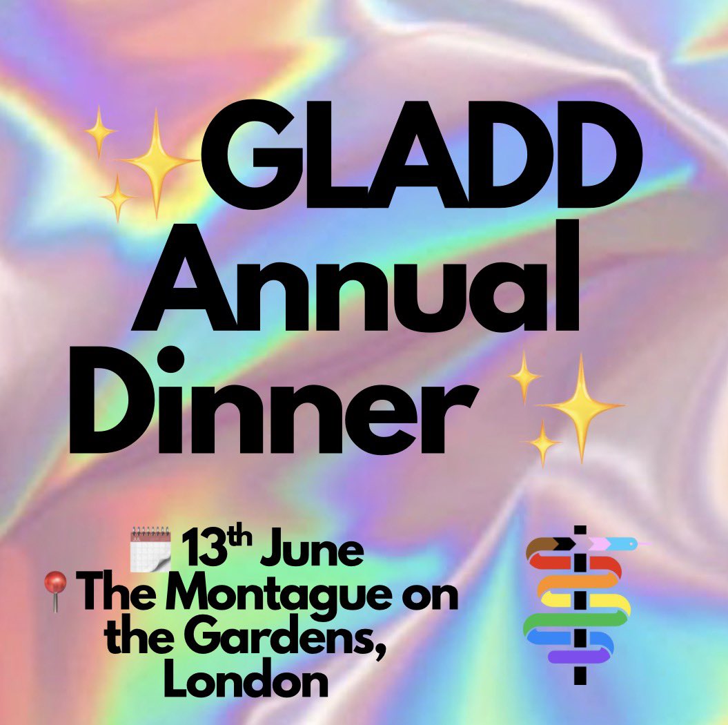 GLADDUK's tweet photo. Delighted to share that our annual dinner (&amp; AGM) will be happening in June in London

Come along and meet the exec, advisory group, &amp; fellow GLADD members for a lovely dinner. We often have newcomers who don’t know other attendees &amp; become good friends! 🌈🏳️‍🌈🏳️‍⚧️ https://t.co/fQ9TdUstf0