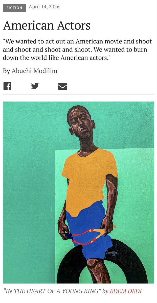 abuchi_modilim's tweet photo. My short story, ‘American Actors’, is out in @GuernicaMag! I am grateful to Guernica magazine for immortalizing it! 

My mother would always remind me, in her ever comforting voice, “One day, one must enter!” 

I can’t define my joy! 
https://t.co/HR8dkM7Ynf https://t.co/8kPmewxDAl