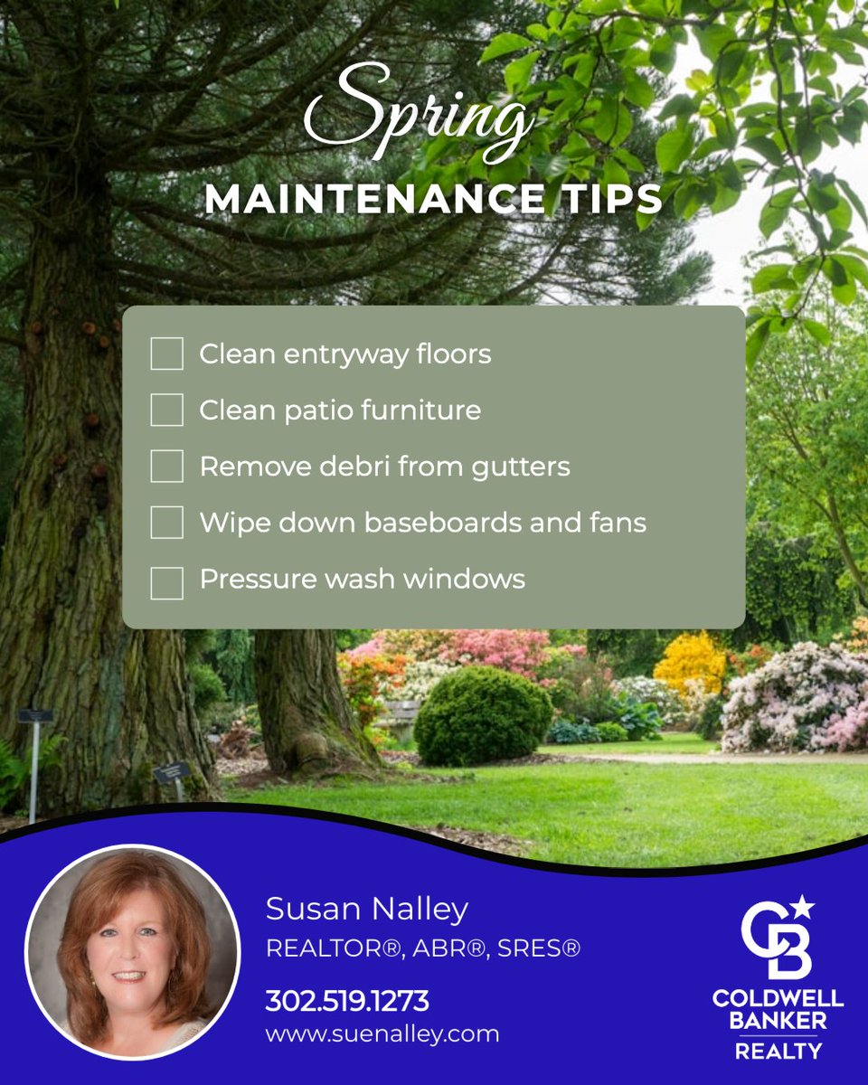 SusanNalley's tweet image. Spring is in full bloom 🌸—the perfect time to give your home some TLC!

A little seasonal maintenance = a fresher, cleaner, happier space 🌿✨

Are you an early bird or last-minute spring cleaner? 🧼

#springcleaning #springchecklist #cbrealty #cbproud #cbdream #susannalley