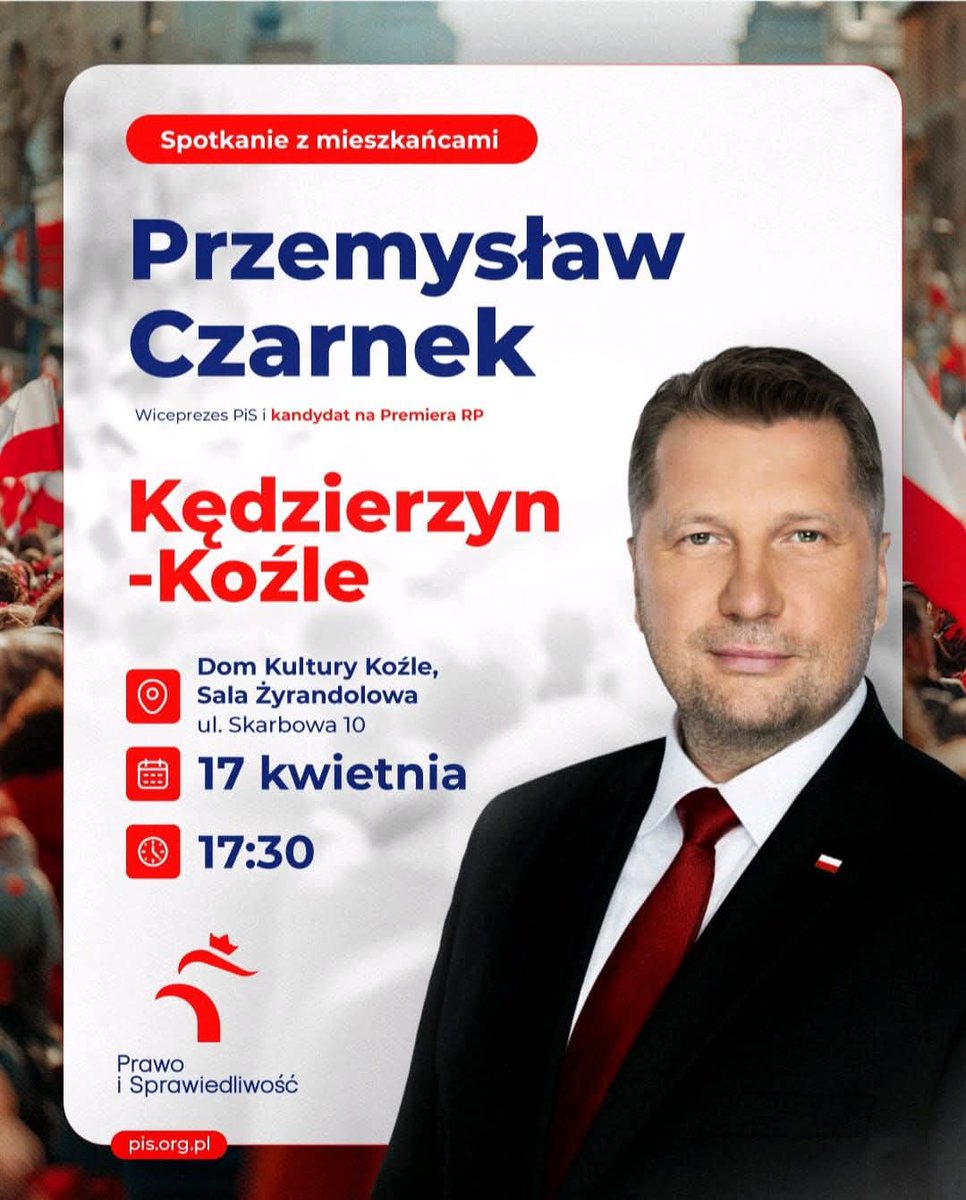 AdamFabian85's tweet photo. W najbliższy piątek gościmy w Kędzierzynie-Koźlu prof. Przemysława Czarnka. 🇵🇱
​Zapraszam każdego, komu w sercu bije dobro Polski! Porozmawiajmy o przyszłości naszej Ojczyzny. 🤝
​🗓 17.04, godz. 17:30
📍 Dom Kultury Koźle, ul. Skarbowa 10 ​Do zobaczenia! 🙋‍♂️
​#KędzierzynKoźle https://t.co/FRmoYWxM9y