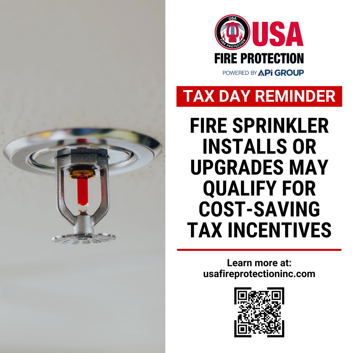 USAFire's tweet photo. In recognition of Tax Day, here is a quick reminder that beyond protecting people & property, fire sprinkler systems can also support smarter financial planning.

If system installs or upgrades are on your to‑do list this year, now is a good time to explore potential tax incentives as part of the decision.

Check out our recent blog for a closer look at how fire sprinkler installs & upgrades may qualify for tax incentives: https://t.co/YcvNIUzRPn