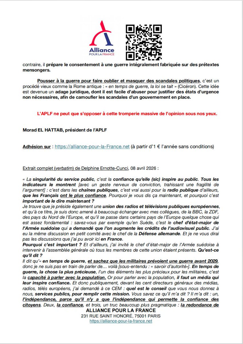 MoradELHATTAB1's tweet image. 🚨 C’est OFFICIEL, @EmmanuelMacron #Macron prépare une GUERRE CONTRE LA RUSSIE.

L’Alliance pour la France, 1er parti politique à s’opposer officiellement au sacrifice inutile des militaires français et de civils innocents.

C’est le moment d’adhérer : 1€/an sans conditions 😉