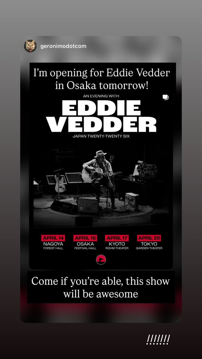 demetriosns's tweet image. #GERONIMO #EddieVedder #Osaka #Japan instagram.com/stories/olivia… @eddievedder