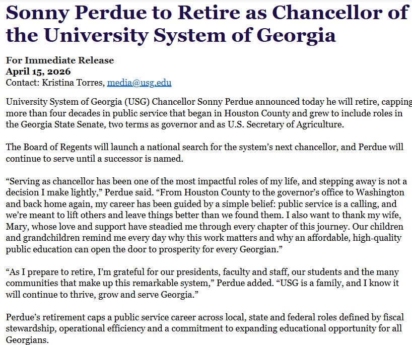 rahulbali's tweet image. BREAKING: University System of Georgia Chancellor Sonny Perdue Announces Retirement.

Perdue is also a former Governor and U.S. Secretary of Agriculture. #gapol
