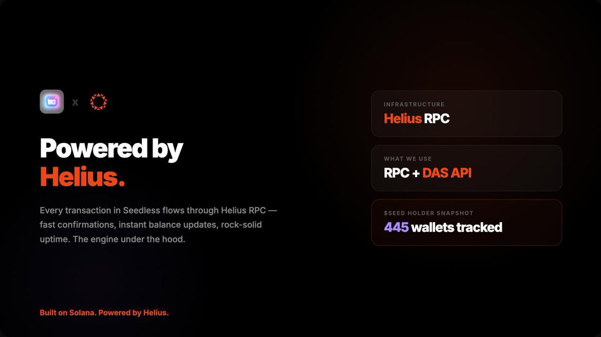 Why build on Solana? Because of infra like <a href="/Helius/">Helius</a>

Every transaction in Seedless flows through Helius RPC - fast confirmations, instant balance updates, rock-solid uptime

We also use Helius DAS API to snapshot $SEED holders on-chain

445 wallets holding right now. We see you.