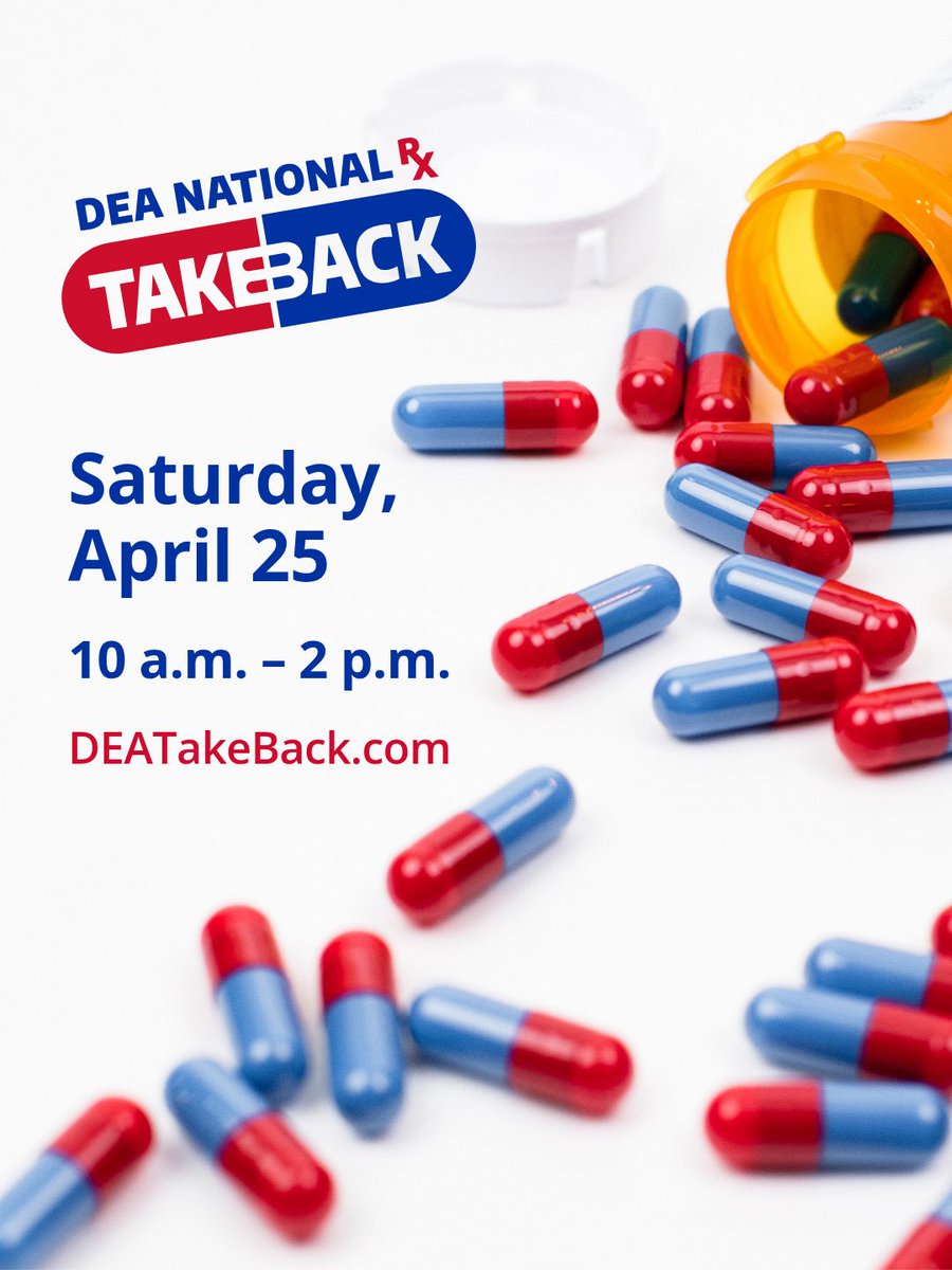 937theFan's tweet image. Clear out your medicine cabinet safely 💊

DEA National Prescription Drug Take Back Day
Saturday, April 25 | 10AM–2PM

Drop off unused or expired medications—no questions asked. Find a location near you at DEATakeBack.com

#TakeBackDay #SafeDisposal #CommunitySafety #DEA