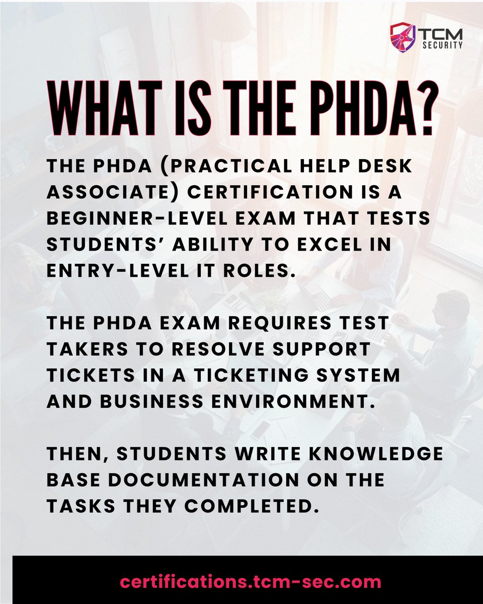 TCMSecurity's tweet image. The #1 reason people don't pass the Practical Help Desk Associate (PHDA) exam? 

They don't read the #helpdesk tickets fully. Not skill. Not knowledge. Don't be that person. 

Check out the PHDA for yourself: hubs.la/Q04ccKsN0