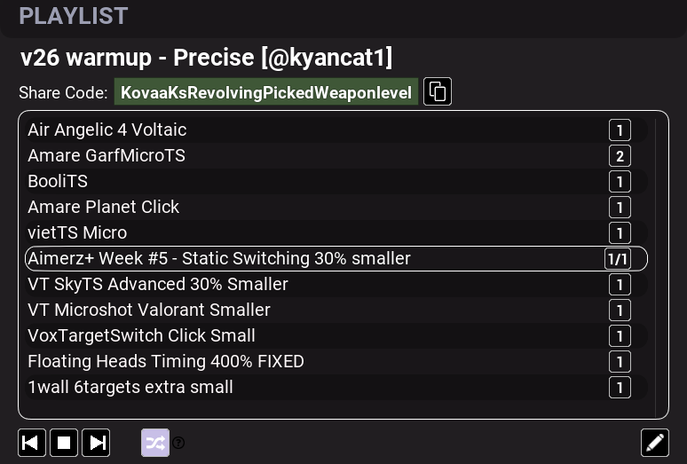 kyancat1's tweet photo. I've been asked to make an updated version of my v25 playlist, so here it is. This playlist aims to improve micro's, wide flicks, and click timing, and is a little bit more difficult than my last. This is made for tacfps.🫡

Sharecode: KovaaKsRevolvingPickedWeaponlevel https://t.co/pLHocuiNsA