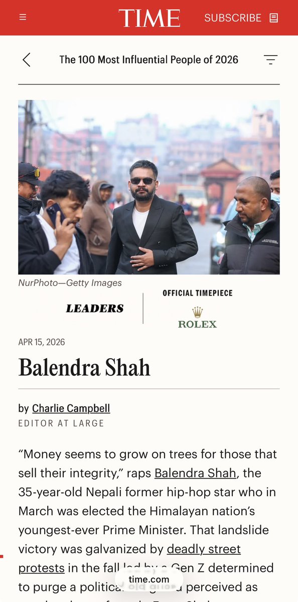 #Nepal #BalendraShah #Time100 

“Ufffff - Hamro Balen Shah makes it to the Time 100 Most Influential People 2026” - Straight from a call from Kathmandu - what a moment!!

Way to go!! 👏👏👏

Heartiest Congratulations 
Rt. Hon. Prime Minister Balendra Shah jyu. 

You successfully