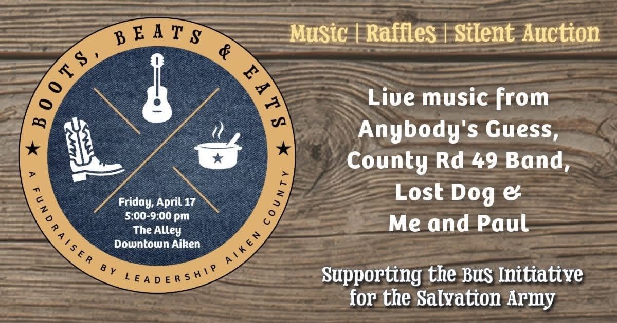 LeadershipAiken's tweet photo. 🤠🎶 Boots, Beats &amp; Eats is happening this week!

Join the LAC Class of 2026 April 17 | 5–9 PM | The Alley, Downtown Aiken to support the Salvation Army Bus Initiative.

💛 Every dollar raised by April 30 will be matched (up to $200K)!

#LeadershipAikenCounty #AikenSC https://t.co/zZrRgfonYk