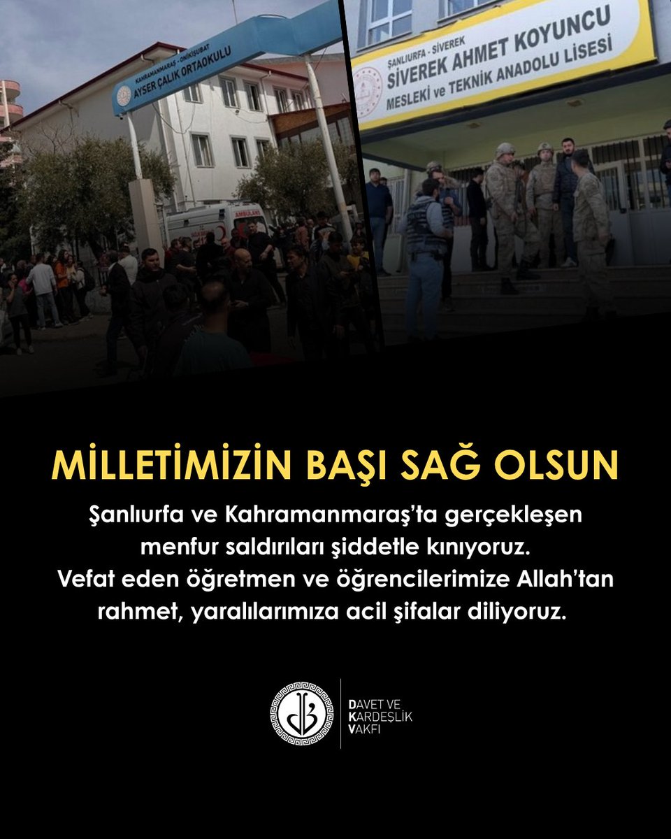 MİLLETİMİZİN BAŞI SAĞ OLSUN

Şanlıurfa ve Kahramanmaraş’ta gerçekleşen menfur saldırıları şiddetle kınıyoruz.

Vefat eden öğretmen ve öğrencilerimize Allah’tan rahmet, yaralılarımıza acil şifalar diliyoruz.