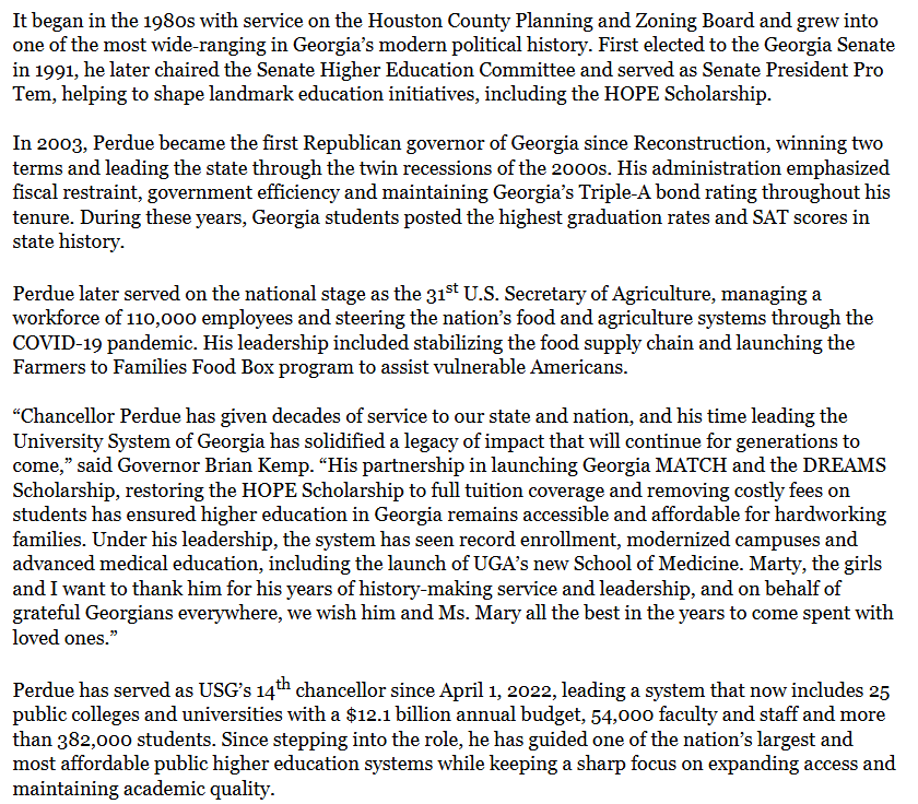 rahulbali's tweet image. BREAKING: University System of Georgia Chancellor Sonny Perdue Announces Retirement.

Perdue is also a former Governor and U.S. Secretary of Agriculture. #gapol