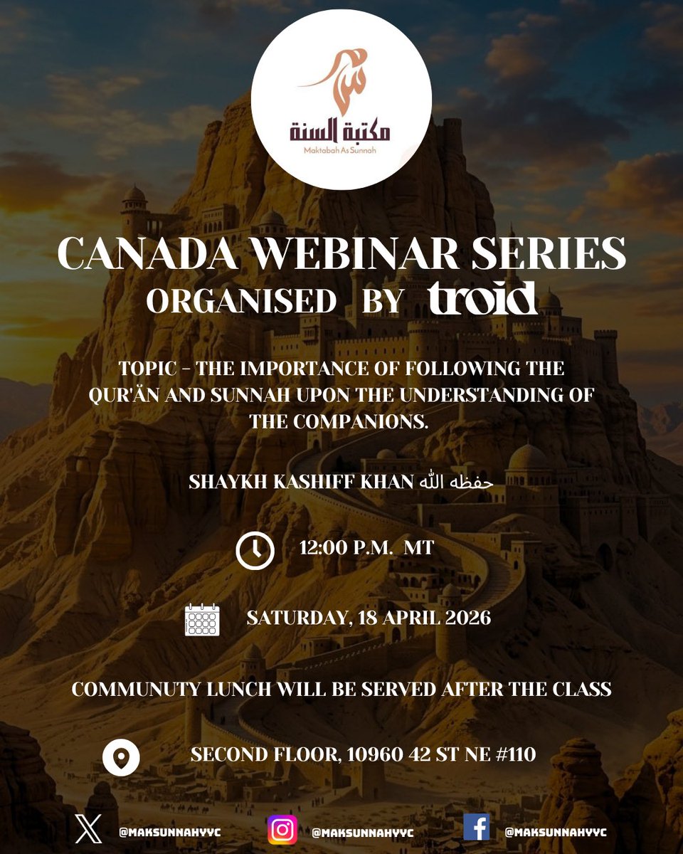 Join us at the Markaz for a webinar on the importance of following the Qur’an and Sunnah upon the understanding of the Companions by our Shaykh <a href="/AbuHafsahKK/">Kashiff Khan</a>.

May Allah bless our brothers <a href="/troidorg/">𝐭𝐫𝐨𝐢𝐝.𝐨𝐫𝐠</a> for organizing!

Saturday April 18, 2026 - 12PM