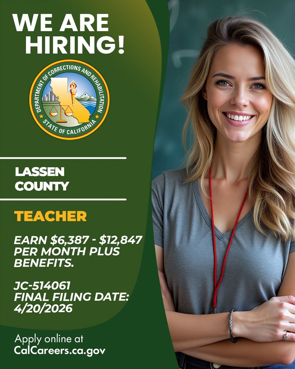 CDCRCareers's tweet image. We’re Hiring Teachers!
Make a difference where it matters most—join our team as a teacher and help shape the future through education, mentorship, and support. 
Apply today: calcareers.ca.gov/CalHrPublic/Jo…
#NowHiring #TeacherJobs #EducationCareers  #EducationMatters #JoinCDCR