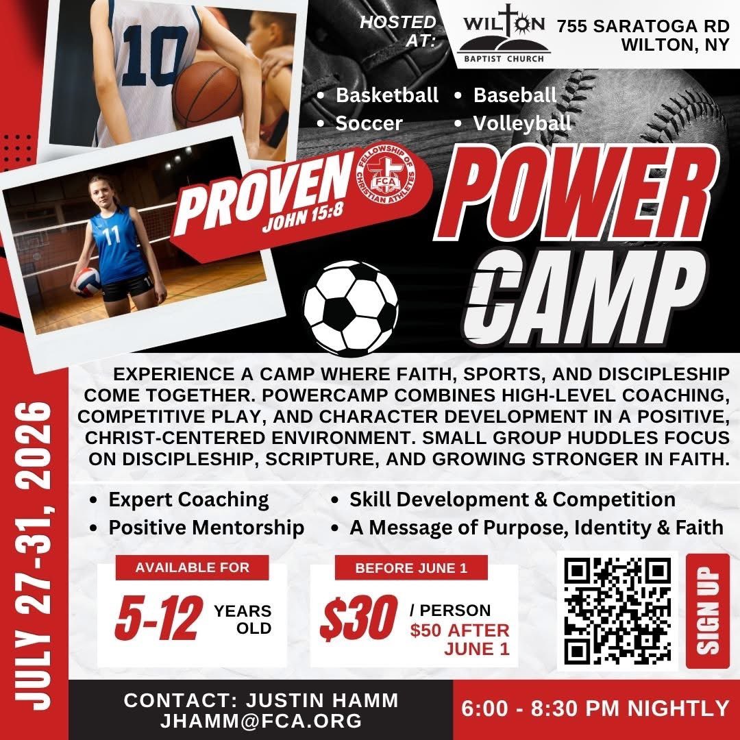 WBC_Today's tweet photo. Ready to level up your game? Power Camp 2026 is coming to town this summer!

Register Now: https://t.co/sXEYv7a0w3

Questions? Contact Jhamm@fca.org or call (607) 431-3584.

#FCAPowerCamp #WiltonNY #ChristianAthletes #YouthSports #SummerCamp2026 #Proven https://t.co/yoFp1g5rn3