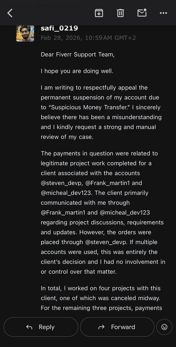 Safi_188's tweet image. They flagged me for "Suspicious Money Transfer" because a client used different accounts to pay for one project in installments. I have no control over what accounts a client uses. I just did the work and delivered it. @FiverrSupport @michakaufman 

#Fiverr #Freelancer