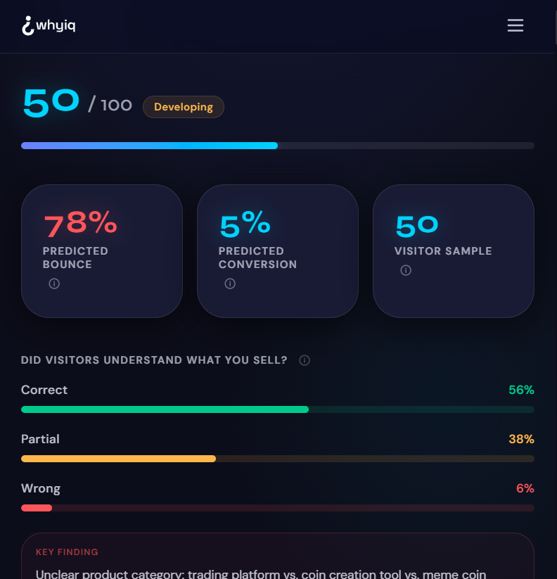 apeoid's tweet photo. been quietly building something for a few months. 

trained AI that runs 50 simulated visitors through your website and reports back what confused them and why they'd leave.

tested it on some crypto project sites. brutal results. most don't pass the 3-second clarity test. ☠️ https://t.co/zkkyhrUyIi