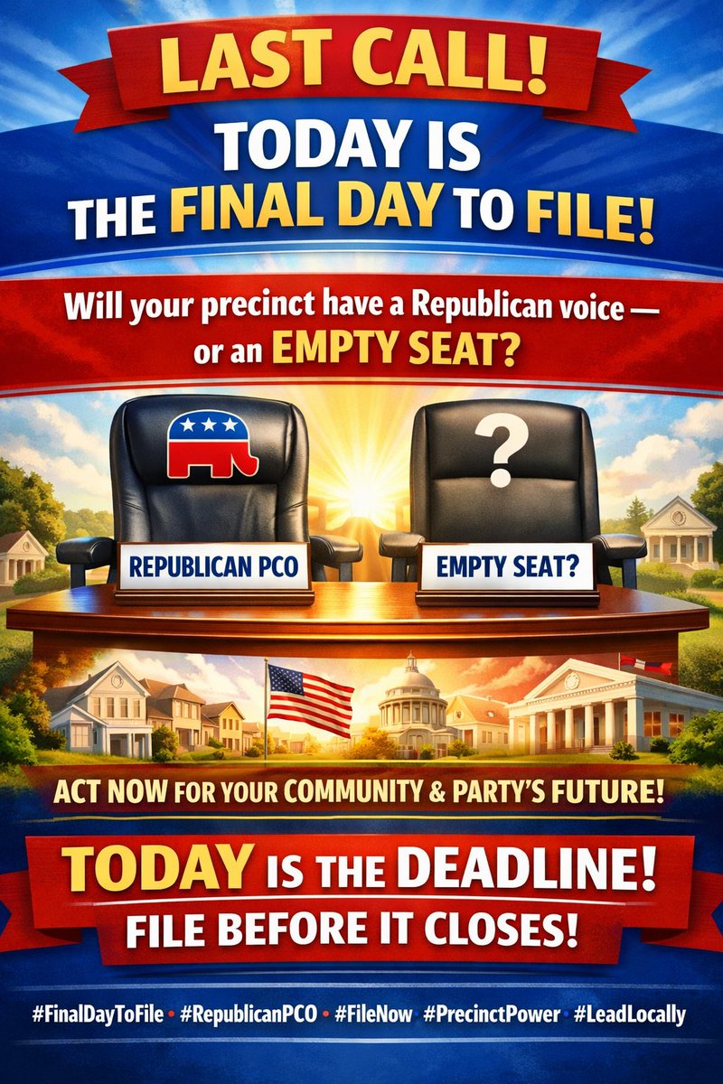 ocrpcoms's tweet photo. LAST CALL—TODAY IS THE DEADLINE.

Will your precinct have a Republican voice or an empty seat?

If you care about local leadership and turnout, file now.

Don’t wait. Filing closes today.

#FinalDayToFile #RepublicanPCO #FileNow #PrecinctPower https://t.co/cHugNKs556
