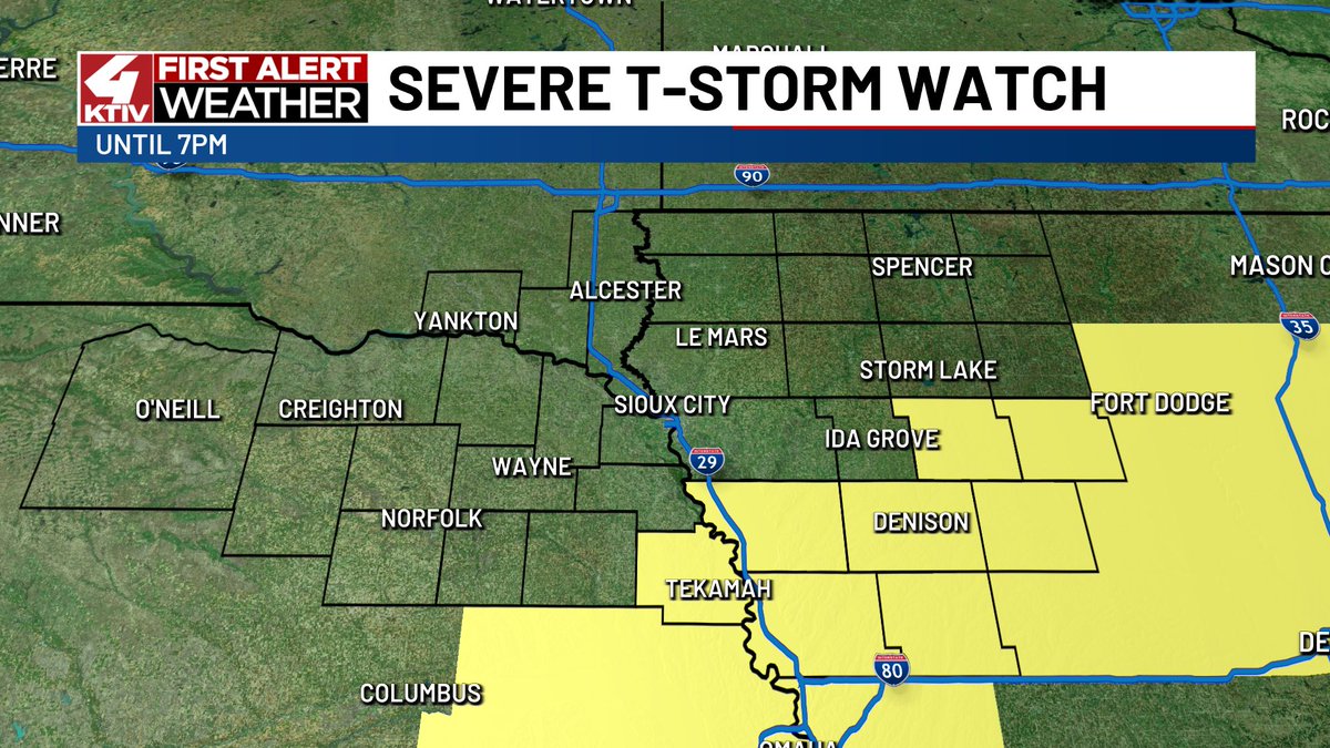 A Severe Thunderstorm Watch is in effect for portions of Southeastern Siouxland until 7 pm this evening. The main threats are hail and wind, but a quick tornado is possible. 

Your latest forecast update here >> ktiv.com/2026/04/15/str…