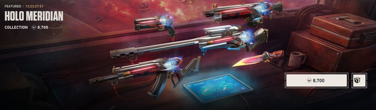 VALORANTLeaksEN's tweet image. The Holo Meridian Bundle is available! // #VALORANT 

• Weapons: 2,175VP
• Melee: 4,350VP
• Gunbuddy: 475VP
• Playercard: 375VP
• Spray: 325VP

• Bundle Price: 8,700VP