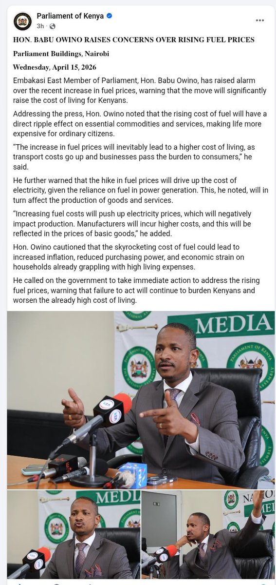 Dr. <a href="/HEBabuOwino/">Babu Owino</a> has strongly condemned the Kenya Kwanza Government for mercilessly raiding Kenyans’ pockets while refusing to protect citizens from soaring fuel prices. Ongili blamed the sharp rise in fuel costs on the Kasongo's refusal to subsidize fuel.

#Babukwasababu G-to-G
