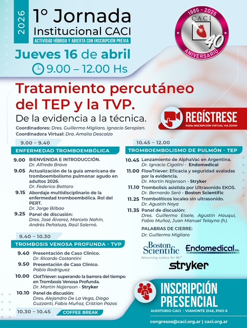 CACIarg's tweet photo. Estimados Socios CACI, nos gustaría recordarles que el próximo jueves 16 de abril a las 9 H realizaremos la 1° Jornada Institucional CACI sobre el "Tratamiento percutáneo del TEP y la TVP".
La actividad será abierta, con inscripción previa: 

https://t.co/cdZtEk27Zf https://t.co/0m7g6O8XX0