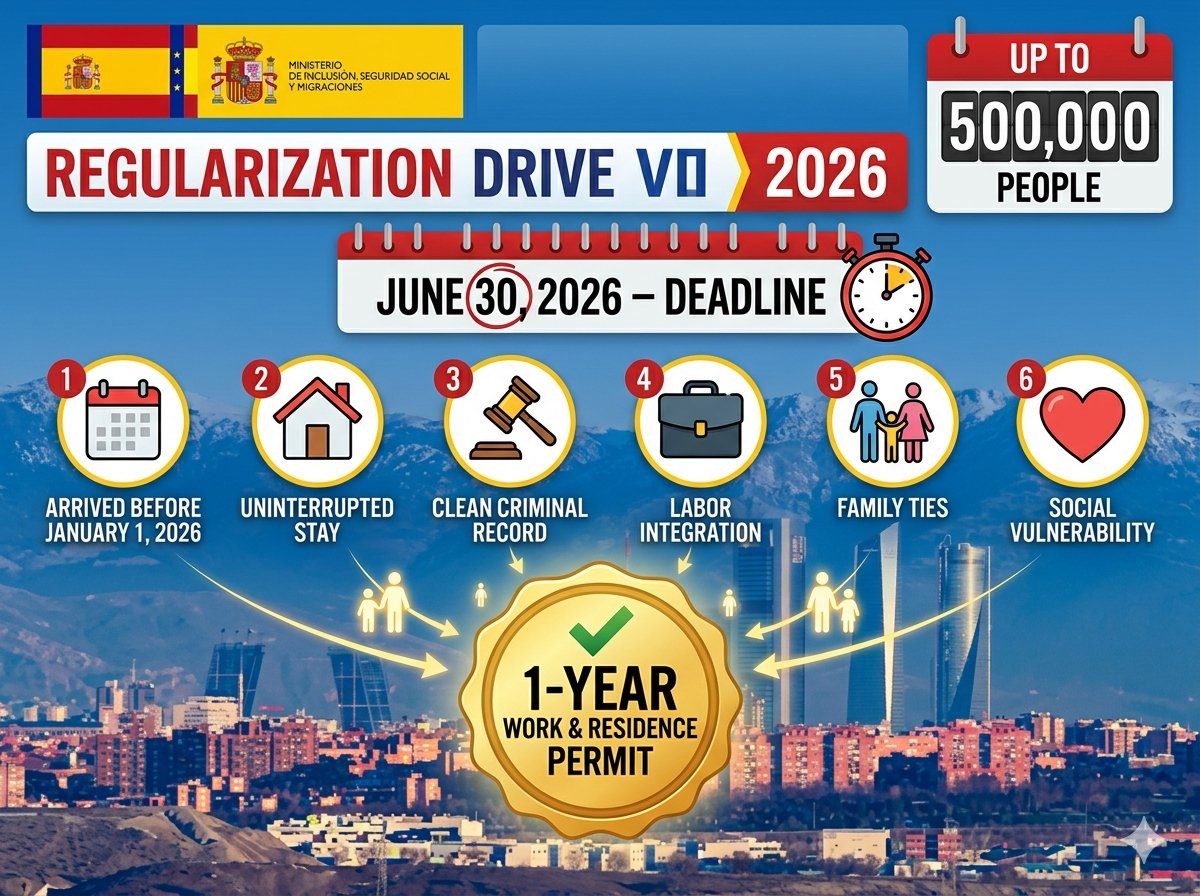 visasupdate's tweet image. Spain Launches Major Regularization Drive for Up to 500,000 Irregular Migrants – New 1‑Year Work &amp;amp; Residence Permits Available Until June 30, 2026

#Spain #Regularization #IrregularMigrants #WorkPermit #ResidencePermit #Immigration #Madrid
🔗 visasupdate.com/post/spain-reg…