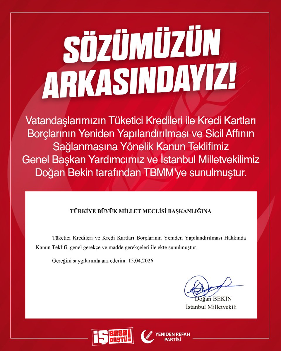 Vatandaşlarımızın Tüketici Kredileri ile Kredi Kartları Borçlarının Yeniden Yapılandırılması ve Sicil Affının Sağlanmasına Yönelik Kanun Teklifimizi TBMM’ye sunduk.