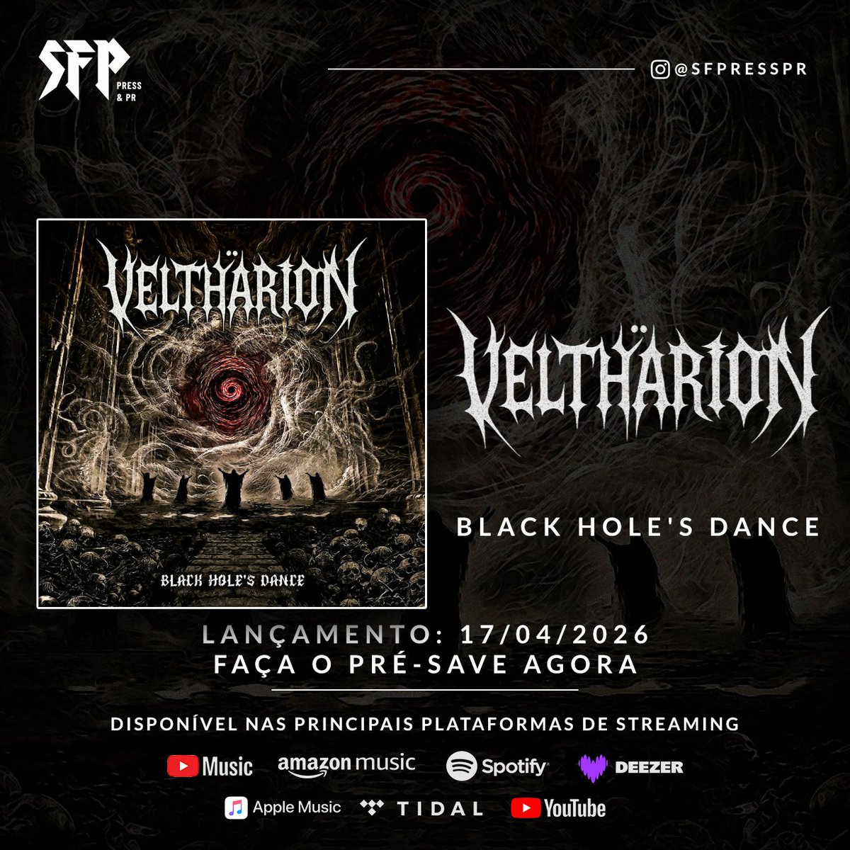 A imersão no niilismo começa dia 17! 🌌 O VELTHARION lança "Black Hole’s Dance", 8 faixas de puro Death/Black Metal via @SangueFrioRec. Não espere o caos chegar, antecipe-se com o pré-save! 🔥🤘

Confira: sanguefrioproducoes.com/n/5982

#Veltharion #DeathMetal #MetalBR