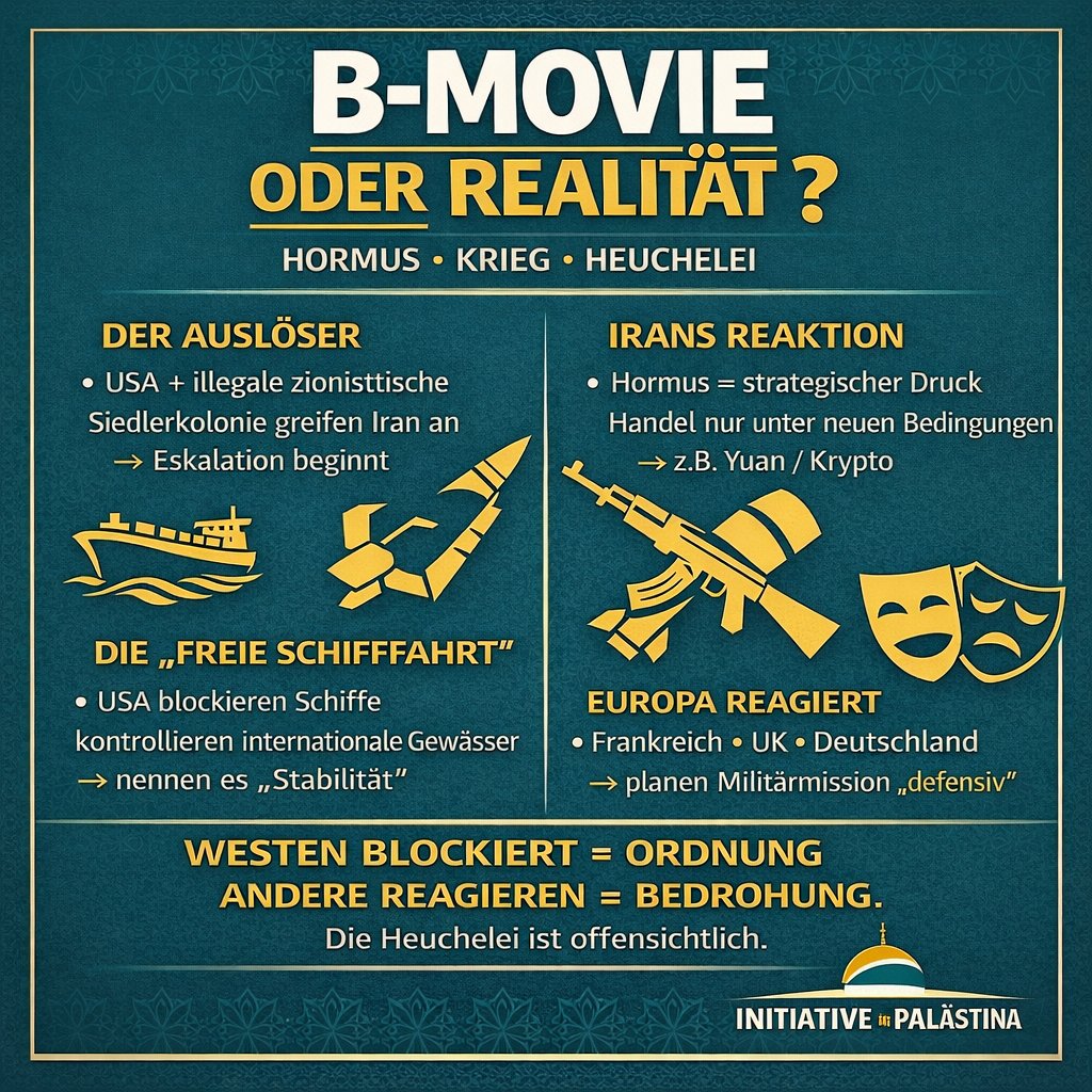 Man könnte meinen, man schaut einen billigen B-Movie über das Ende der westlichen Ordnung.

Der Iran wird nach einem völkerrechtswidrigen Angriffskrieg von USA und der illegalen zionistischen Siedlerkolonie angegriffen. Reaktion Teherans: Wer durch Hormus will, soll sich eben auf