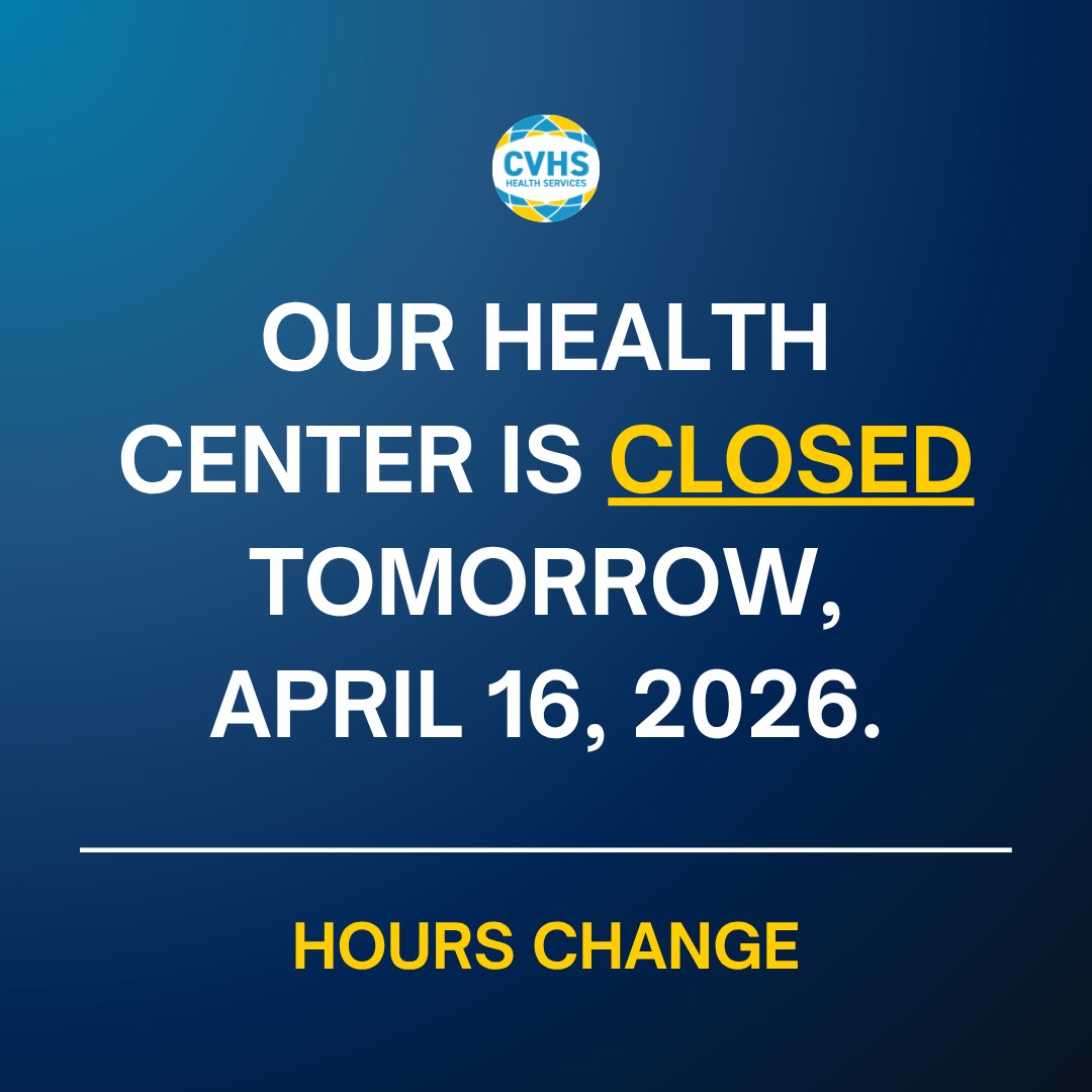 CVHSInc's tweet photo. Important update! 📢CVHS health centers will be closed tomorrow, April 16, for training and an employee event. We appreciate your understanding and look forward to serving you again on Friday, April 17, during our business hours. https://t.co/QLsgRo2WTU