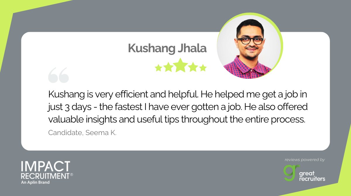JobsWithImpact's tweet photo. ⭐ Real outcomes. Real impact.

Kushang Jhala is known for moving quickly without sacrificing quality, offering clear insights, and providing practical guidance to candidates throughout the hiring process.

#CandidateExperience #GreatRecruiters #Testimonials #ImpactRecruitment https://t.co/2oLBIjIrj8