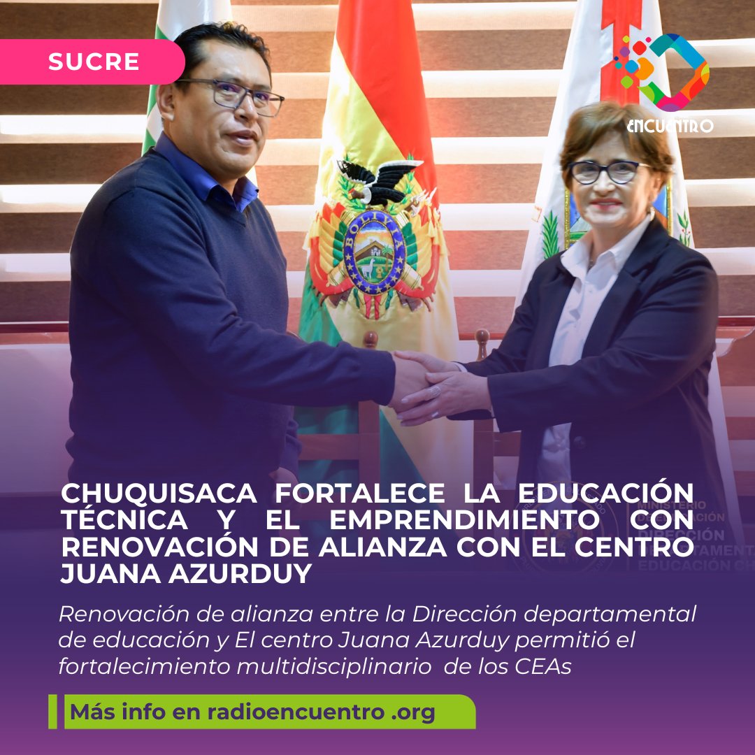 EncuentroRadio2's tweet photo. #Chuquisaca fortalece la educación técnica y el emprendimiento con renovación de alianza institucional entre la dirección departamental de educación  y el Centro Juana Azurduy.
El objetivo es impulsar el emprendimiento juvenil y ampliar las oportunidades educativas en la región. https://t.co/J1xmXdalPF